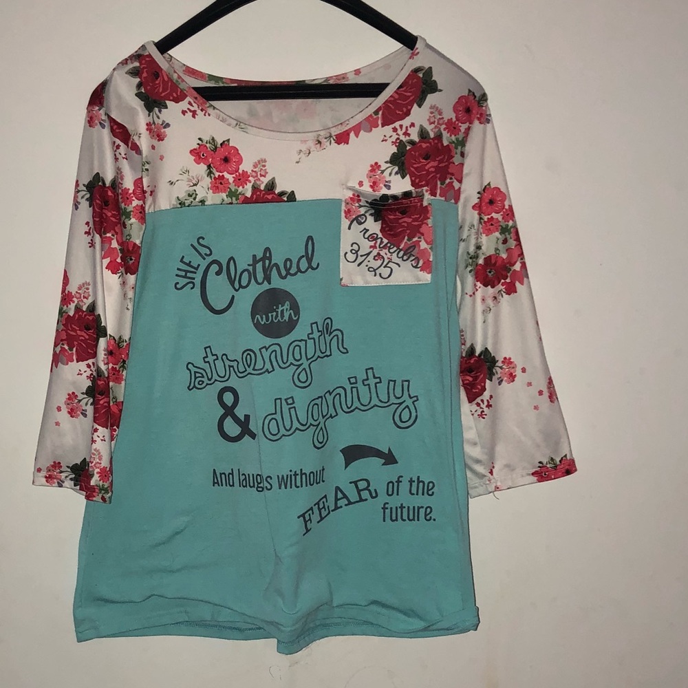 Proverbs Woman 3/4 length Aqua and Floral Tee